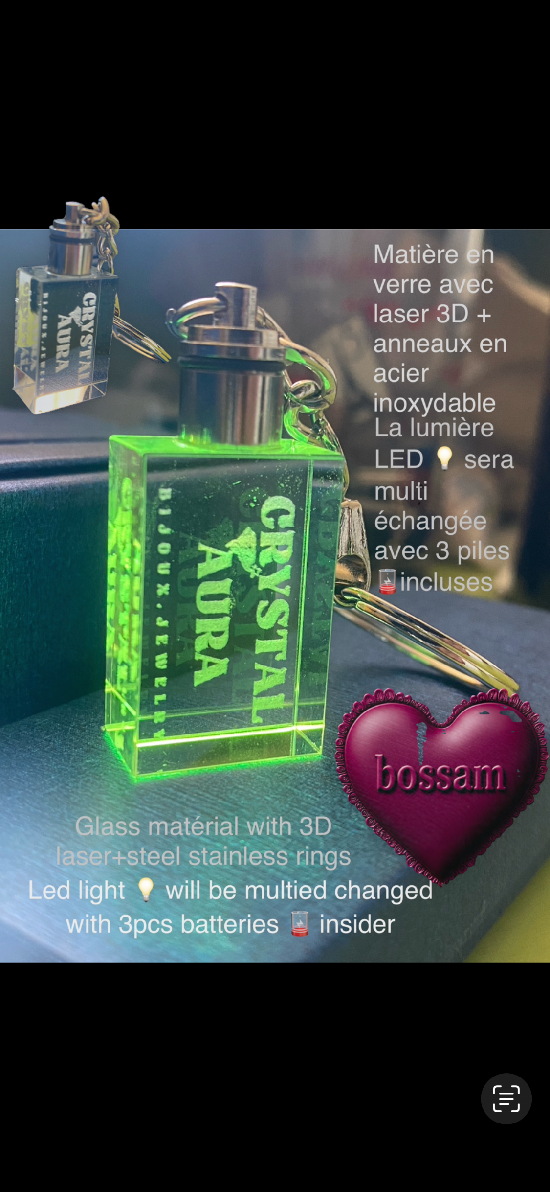 Porte clé en verre en cristal lumineux laser personnalisable