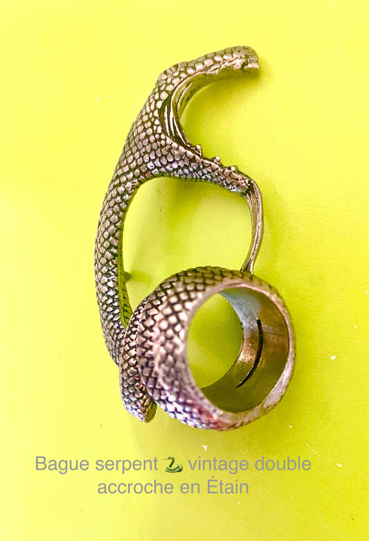 Bague Serpent 🐍 Vintage double accroche . En Étain. Pièce Unique. Collection privée