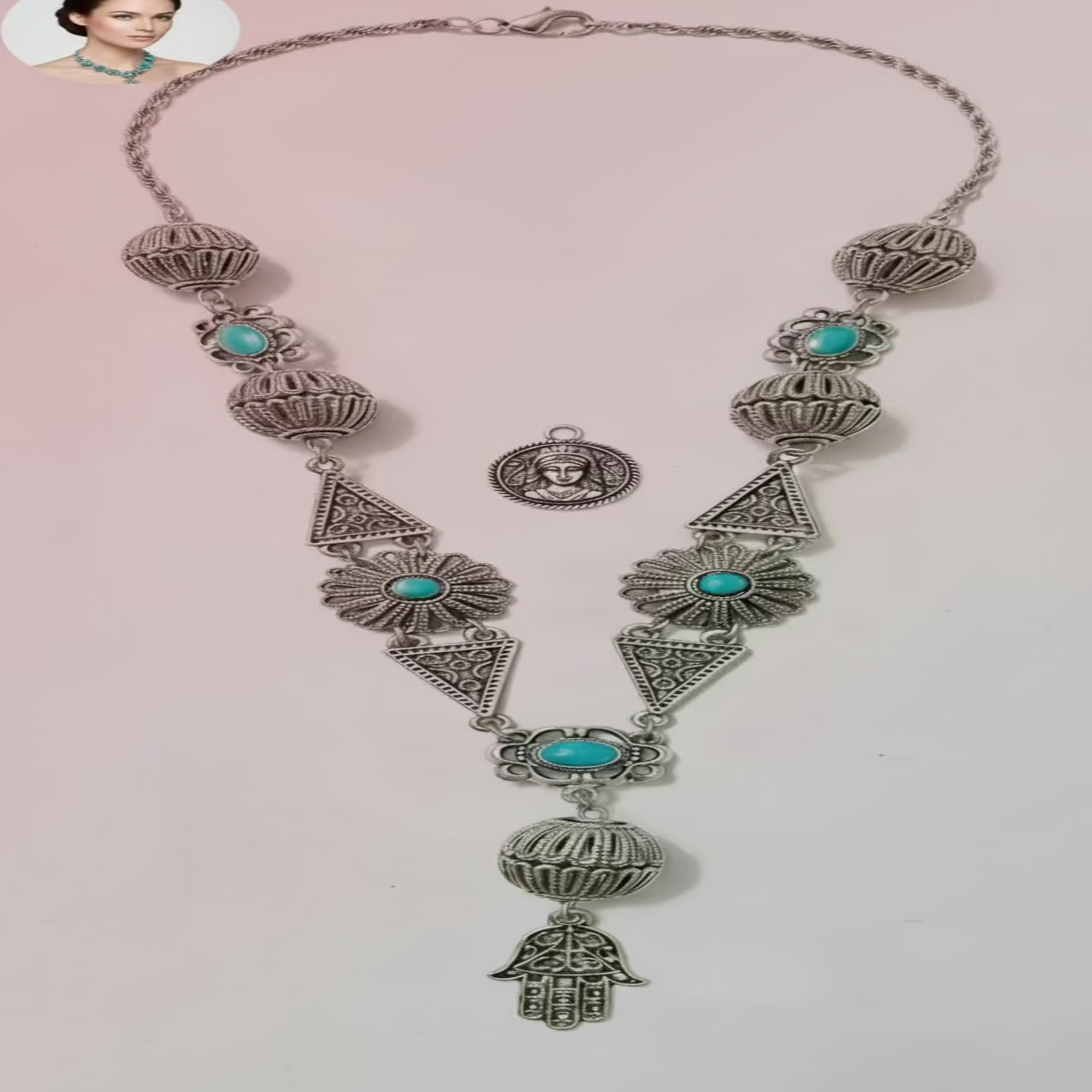 Collier Créole Fashion - Main de Fatma - Métal perlé et perles turquoises Pièce Unique Artisanale