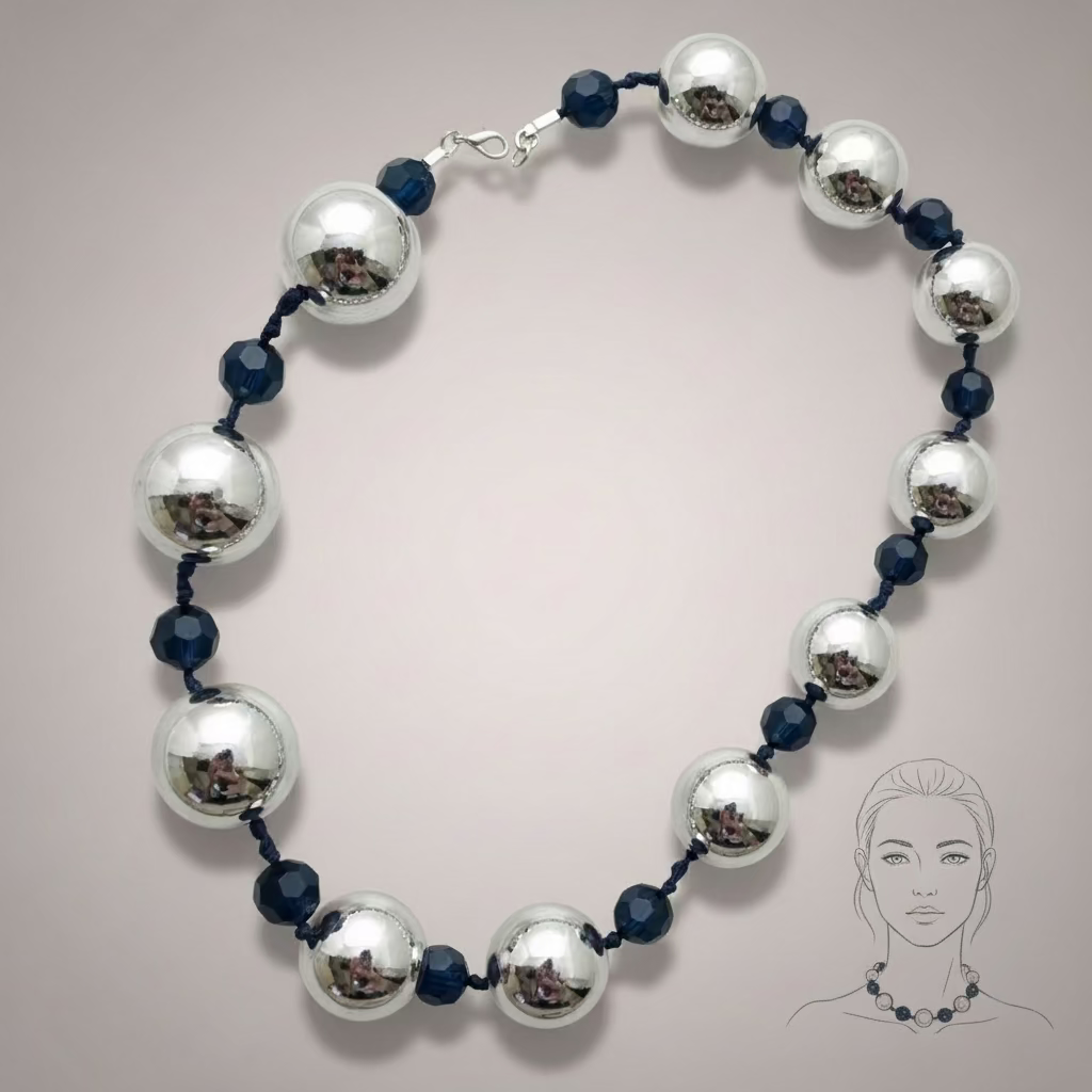 Collier Ras-le-Cou Chic - Perles Miroir Argentées & Noires - Grand Format - vue face