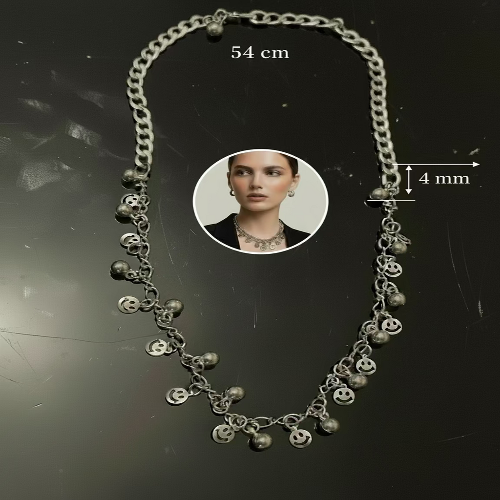 Collier Chaîne Tendance - Emojis Smily et Perles Métalliques Argenté - Pièce Unique