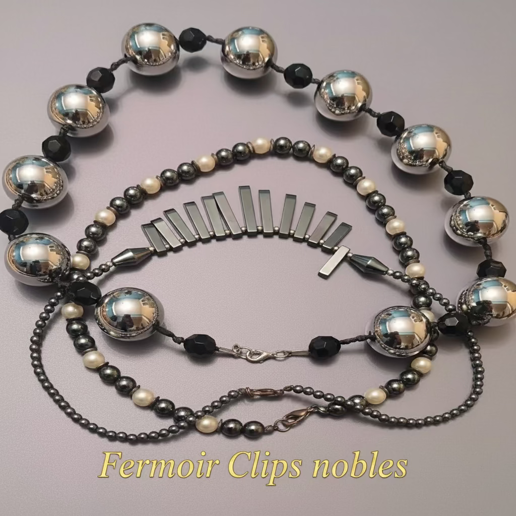 Collier Ras-le-Cou Chic - Perles Miroir Argentées & Noires - Grand Format - Haute Qualité