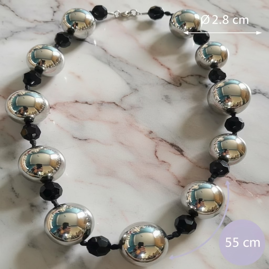Collier Ras-le-Cou Chic - Perles Miroir Argentées & Noires - Grand Format - Haute Qualité