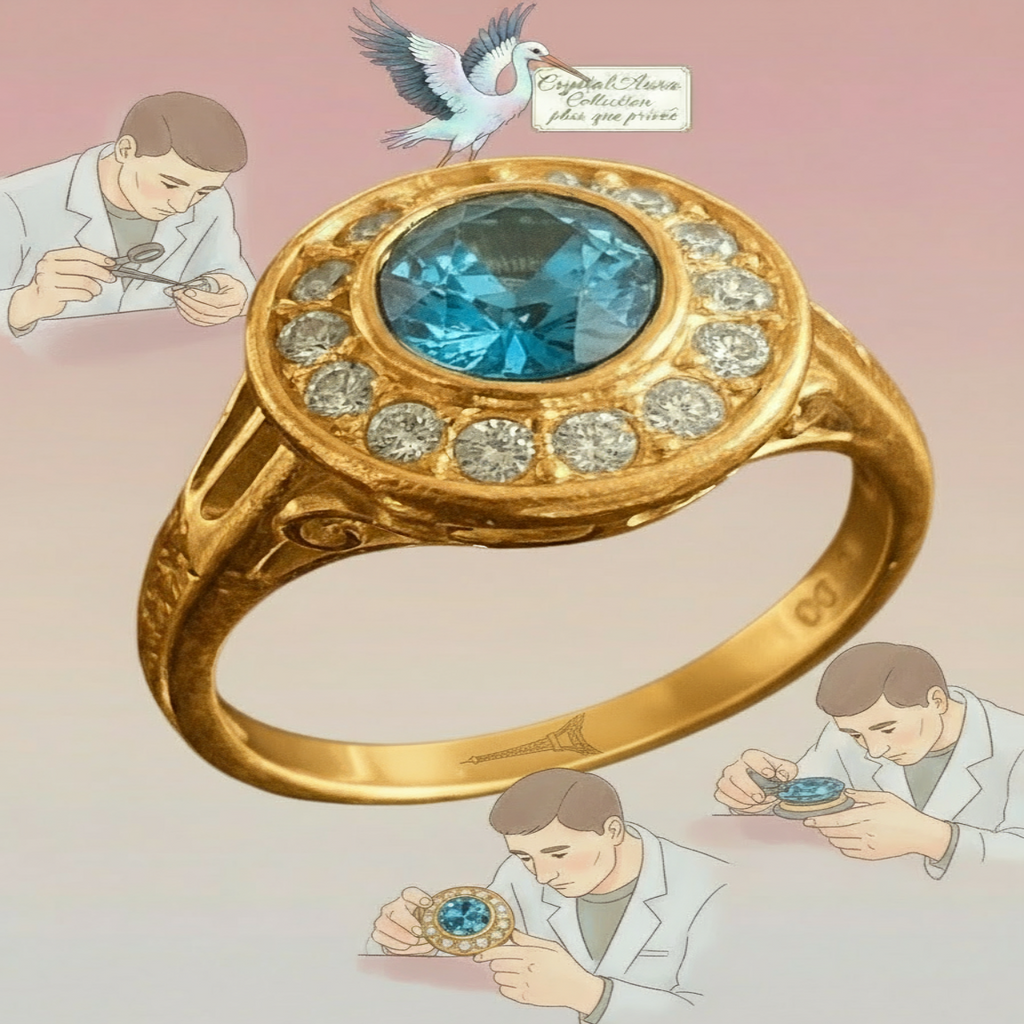 Bague Elégance Chic Prestige Plaqué Or 18K Perle Bleue Naturelle Halo Rond  Variante 1 vue oblique de haut