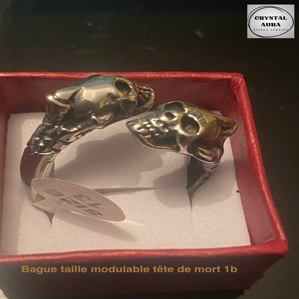 Bague_aille modulable tete_de_mort vue face oblique de haut emballage  