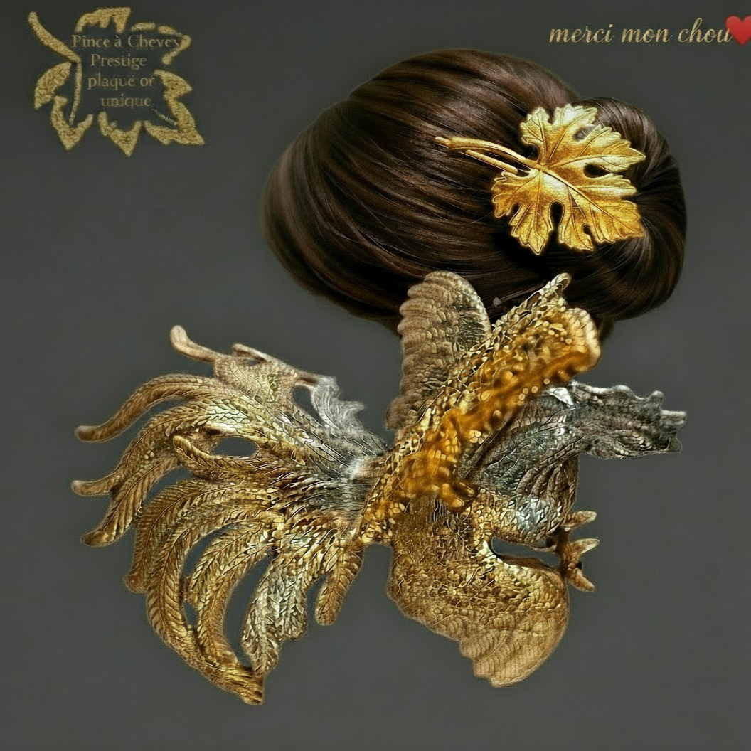 Pince à cheveux Prestige dorée, vue de profil sur support argent et vue IA