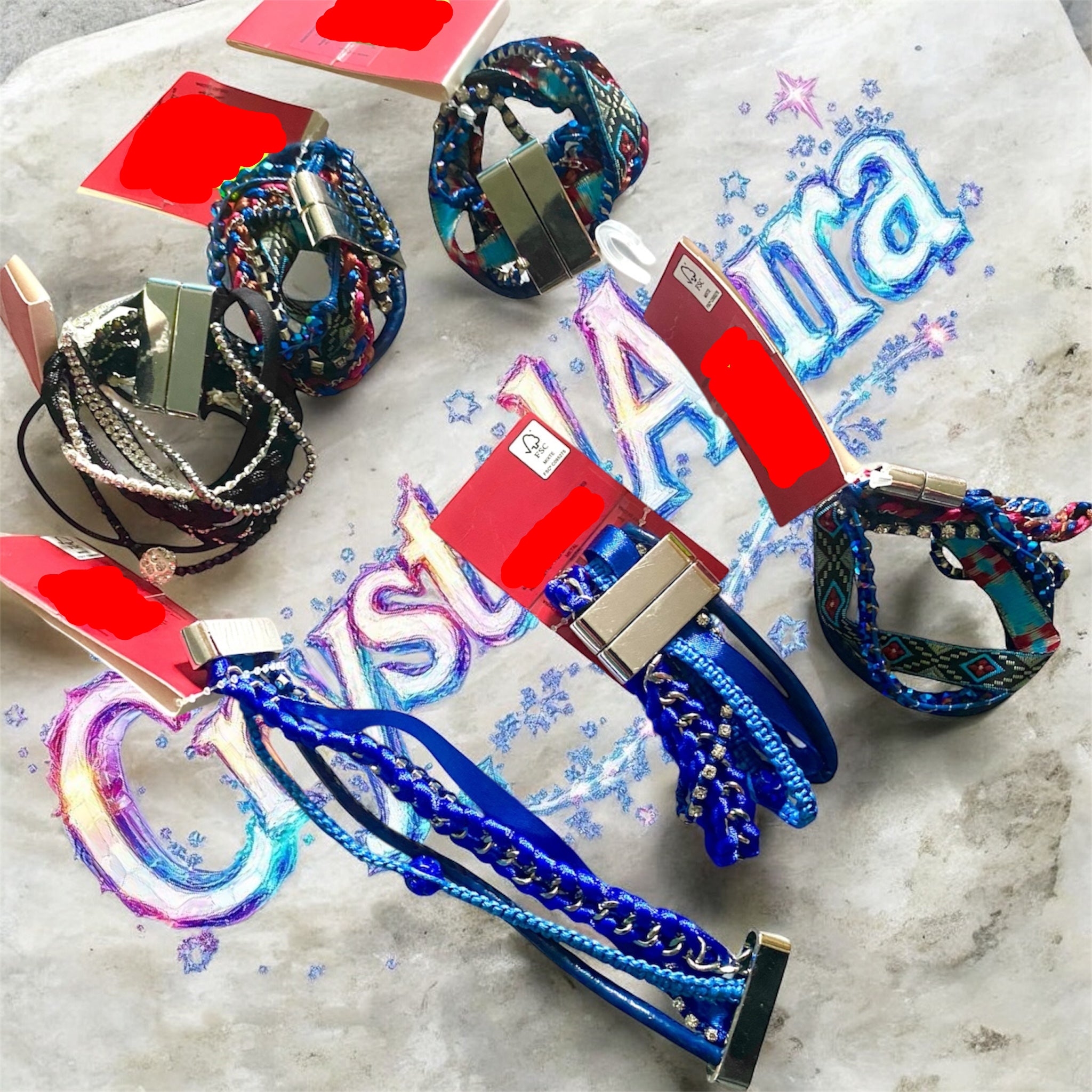 Bracelets Kids Carnaval Magnétiques 3 modèles pour 6 pièces vue en face améliorée artistique au fond 