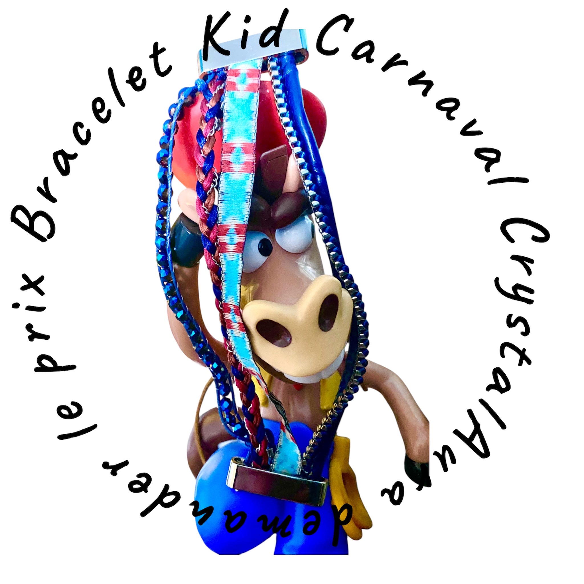 Modèle 1 Bracelet Kids Carnaval magnétique multi bandes bleu colorées vue présentoir artistique descriptif de face 