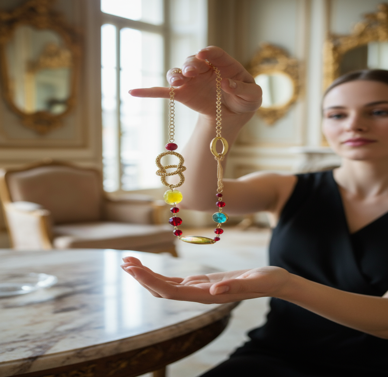 Collier Creole fashion multi motifs coleur vue artistique tenu en main