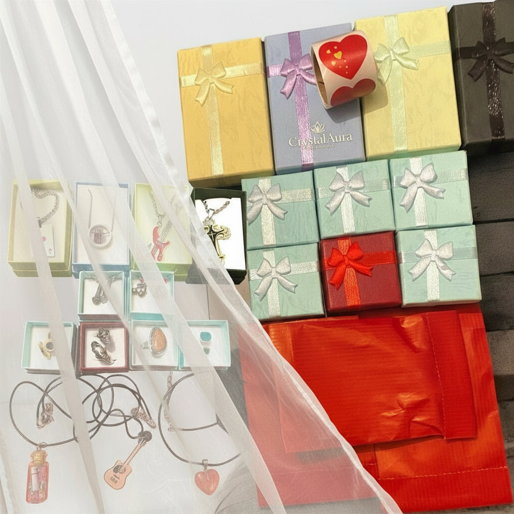 Collier Tendance Métal - Collection 4 Styles Uniques - Croix, Cœur, Guitare, As de Cœur vue collection bijoux et emballages avec rideau artistique