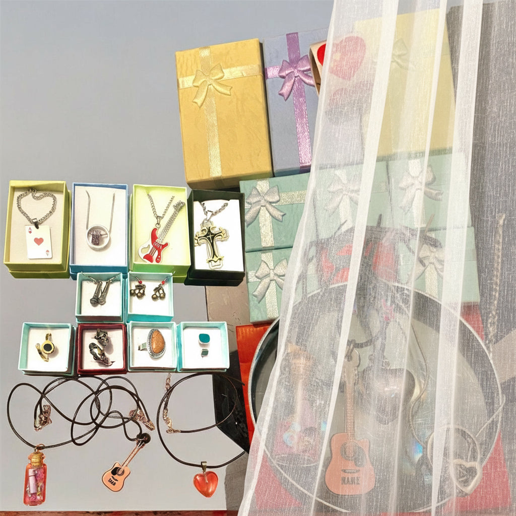 Ensemble de bijoux tendance CrystalAura avec packaging élégant et mise en scène artistique