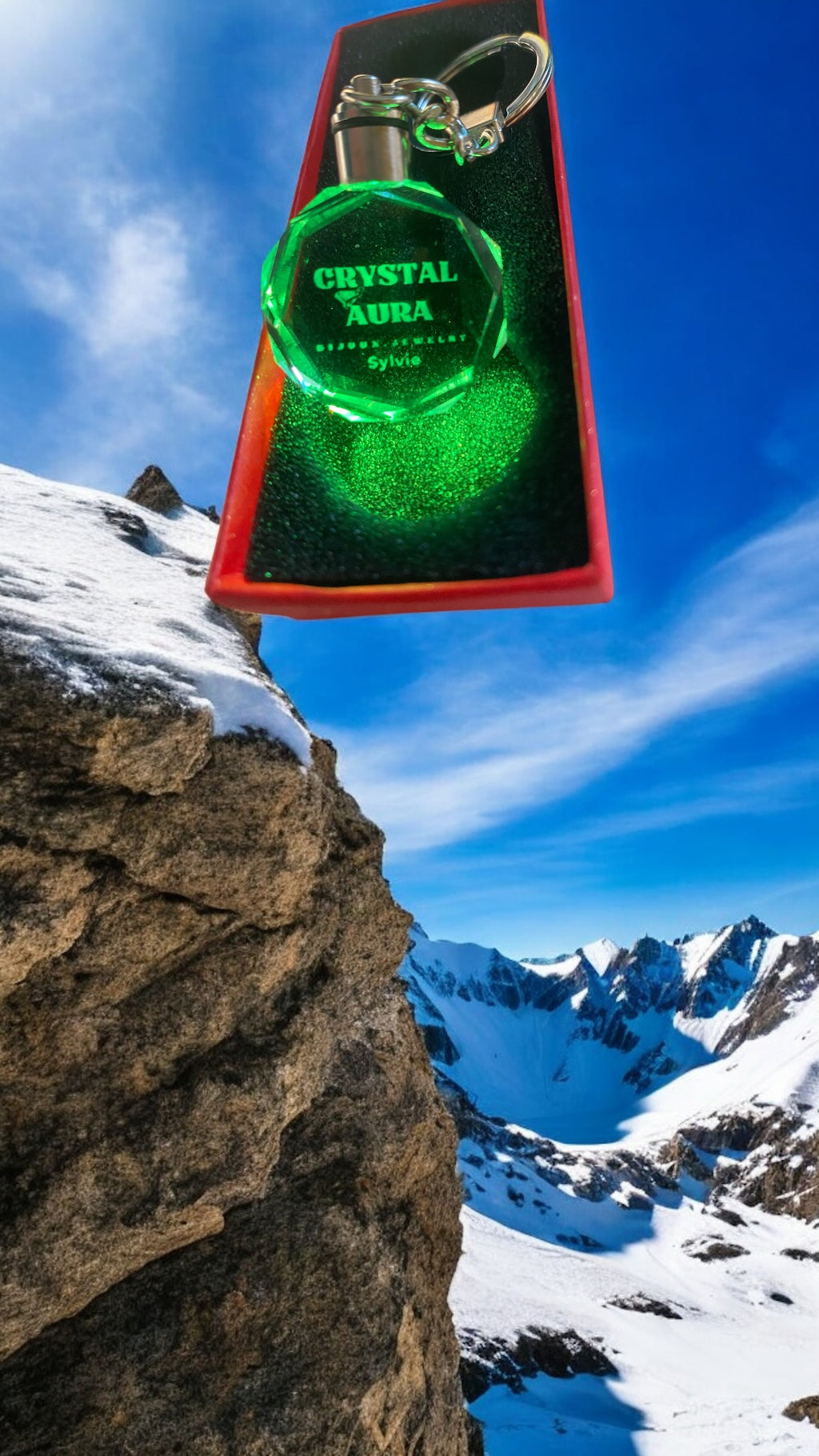 Porte clé en verre crystal lumineux photo avec aide IA, produit pressant en boite ambiance  animation artistique autour