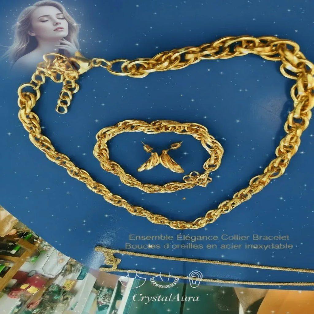 Parure 3 Pièces Dorée - Collier Bracelet Boucles - CrystalAura Bijoux Fantaisie Uniques