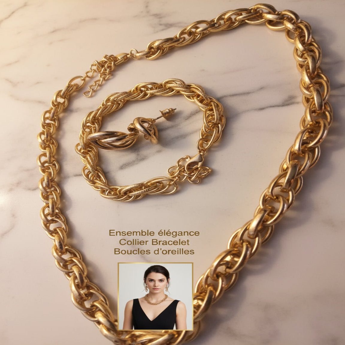 Parure 3 Pcs Chaine  Ras-le-Cou et Bracelet  et Boucles d'Oreille vue vers le bas à gauche  avec image artistique Illustration