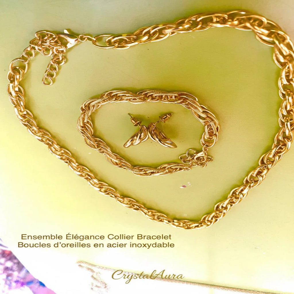 Parure 3 Pièces Dorée - Collier Bracelet Boucles - CrystalAura Bijoux Fantaisie Uniques