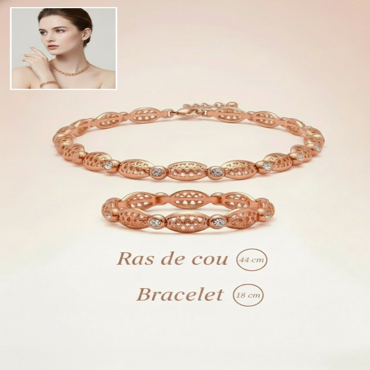 Parure deux Pièces Ras-le-Cou et Bracelet vue au sol Illustration AI ajout image artistique expo