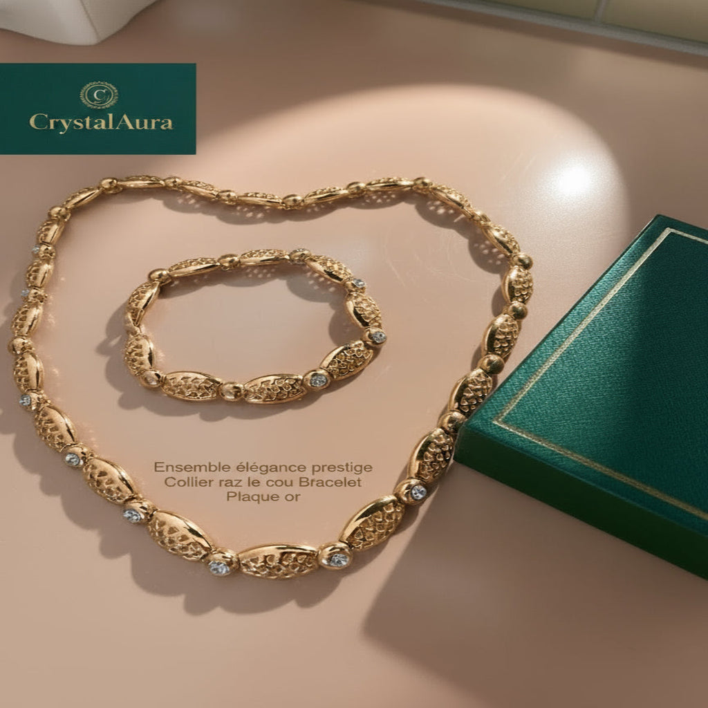 Parure deux Pièces Ras-le-Cou et Bracelet vue de face , rajout boite cadeau et logo