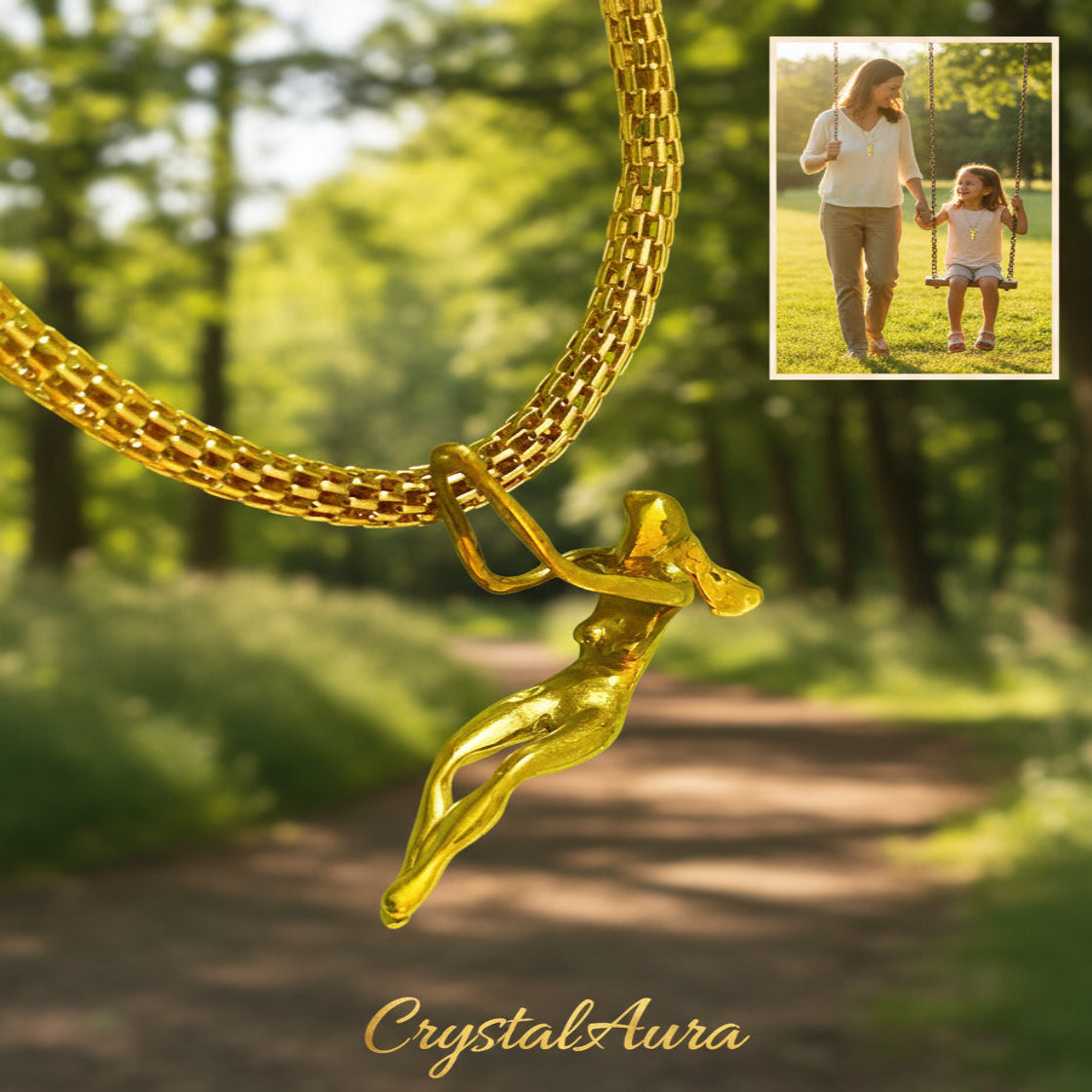 Pendentif Statuette Femme  Or Format Mini  vue sur chaine de collier et mini image de balancoire (enfant avec maman)
