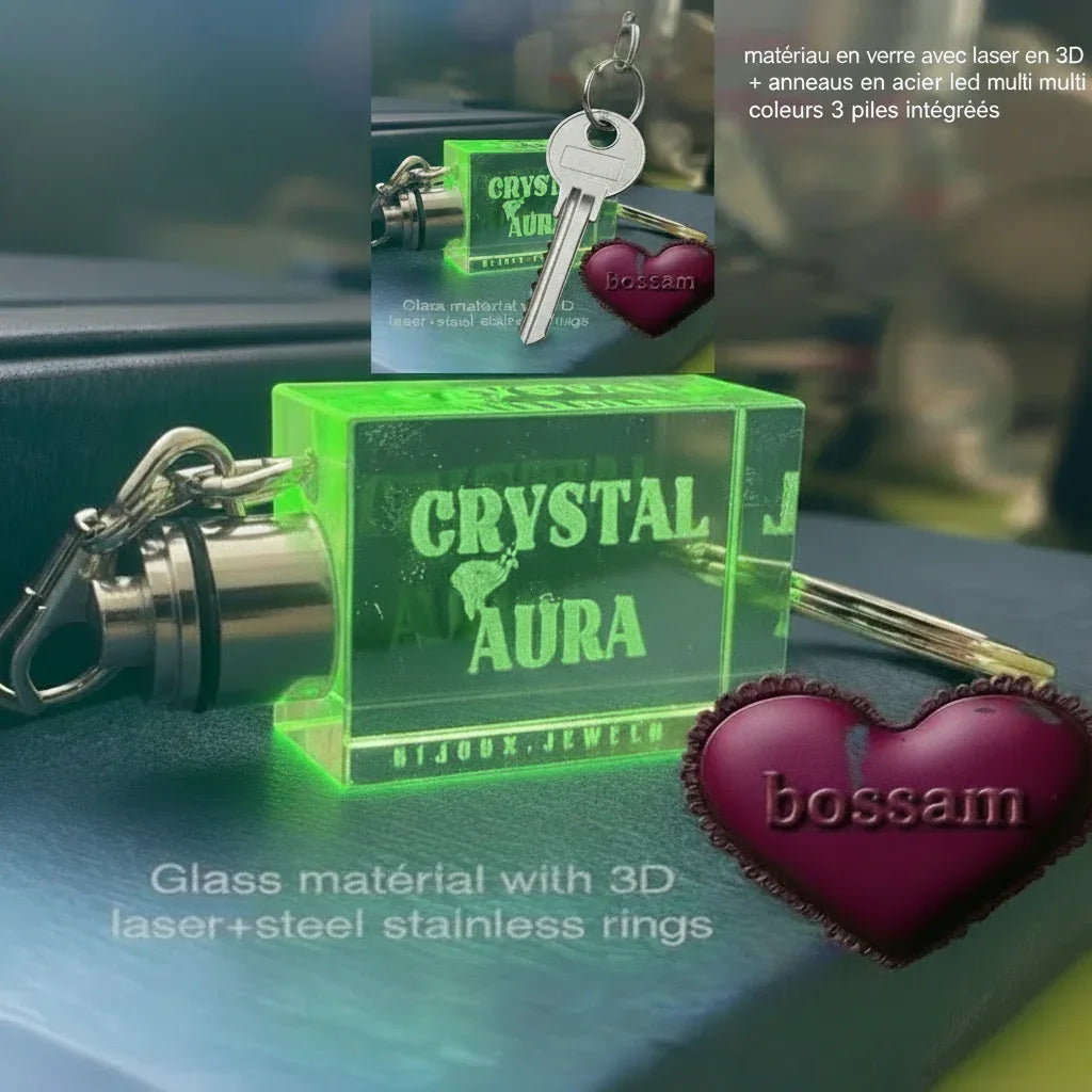 Porte-Clé Keychain Cristal 3D Lumineux LED Personnalisable - Gravure Laser Photo- texte