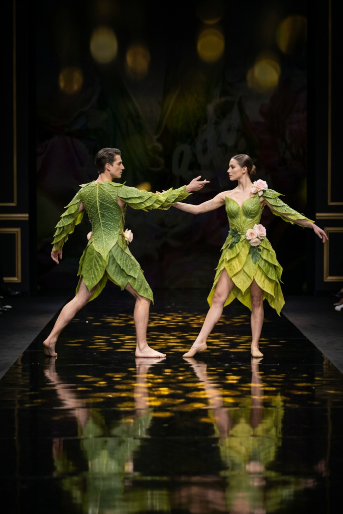 Un danseur et une danseuse vêtus de feuilles vertes sculptées, ornées de roses roses, se font face et tendent le bras l’un vers l’autre sur un podium noir brillant aux reflets dorés, devant un fond sombre aux lumières floues.