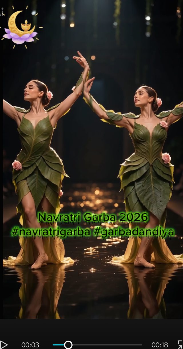 Capture de l’éditeur CapCut : deux danseuses en robes de feuilles vertes, bras levés, sur un podium aux reflets dorés, avec le texte vert « Navratri Garba 2026 #navratrigarba #garbadandiya » et un autocollant de lune et de lotus.