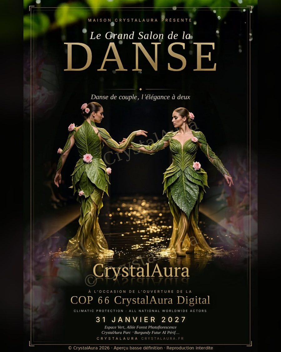 Aperçu de l’affiche « Le Grand Salon de la DANSE » au format 4:5 pour LinkedIn : deux danseuses en robes de feuilles vertes sur un podium noir et or, avec un filigrane « © CrystalAura » et la mention « Aperçu basse définition · Reproduction interdite ».