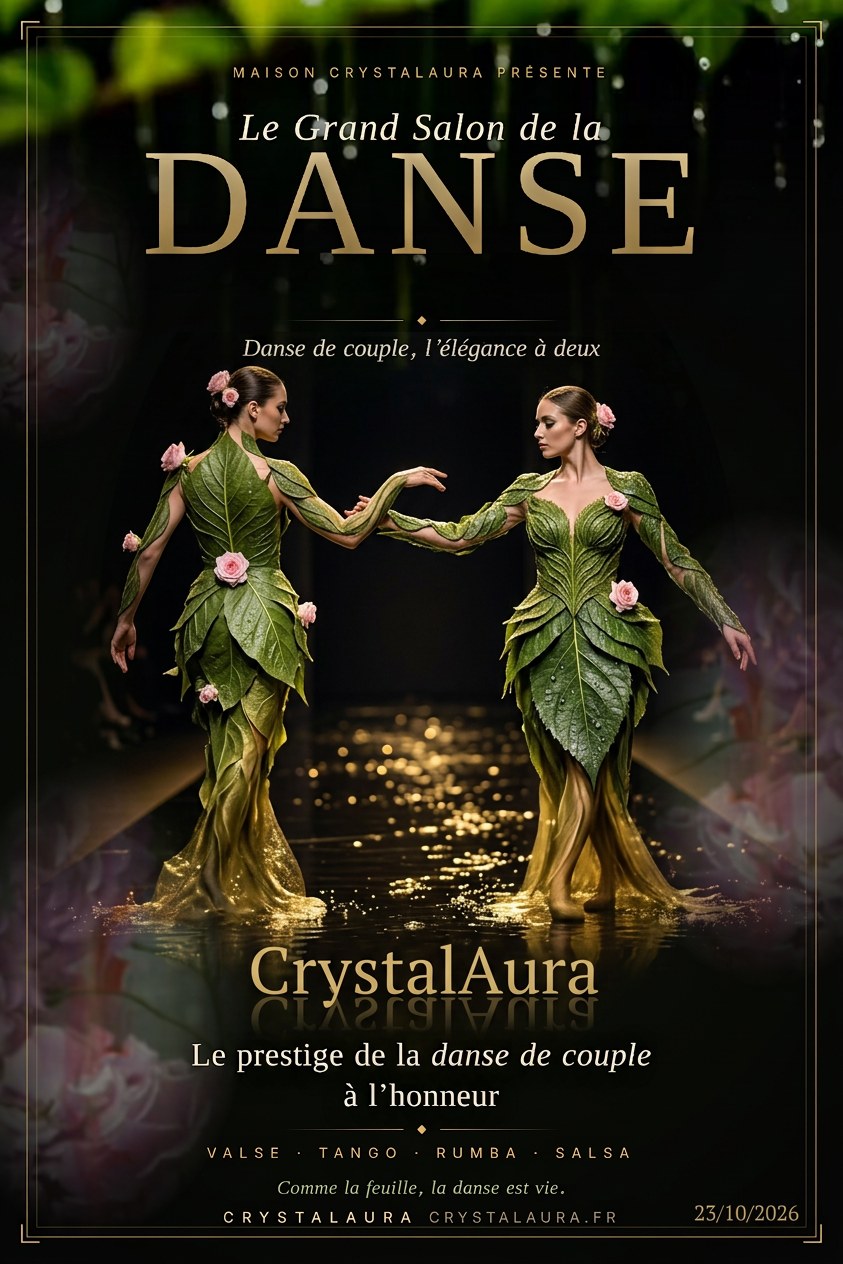 Rendu runway généré par l’IA : un danseur et une danseuse vêtus de feuilles vertes sculptées, ornées de roses roses, se font face et tendent le bras l’un vers l’autre sur un podium noir brillant aux reflets dorés.
