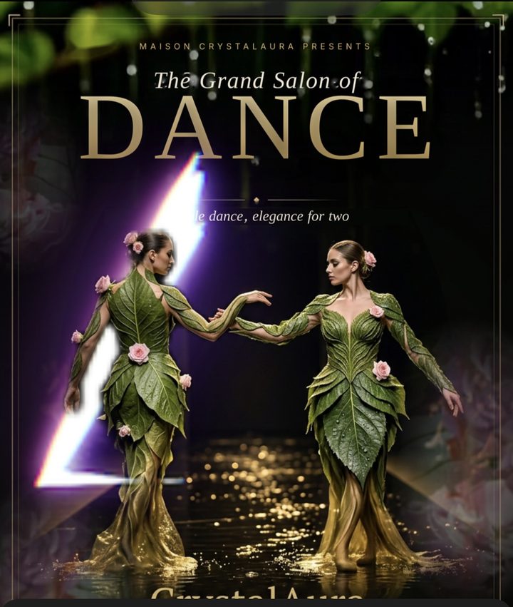 Essai d’effet de lumière : un éclair de lumière violette traverse l’affiche « Le Grand Salon de la Danse », sur le couple de danseurs en feuilles.