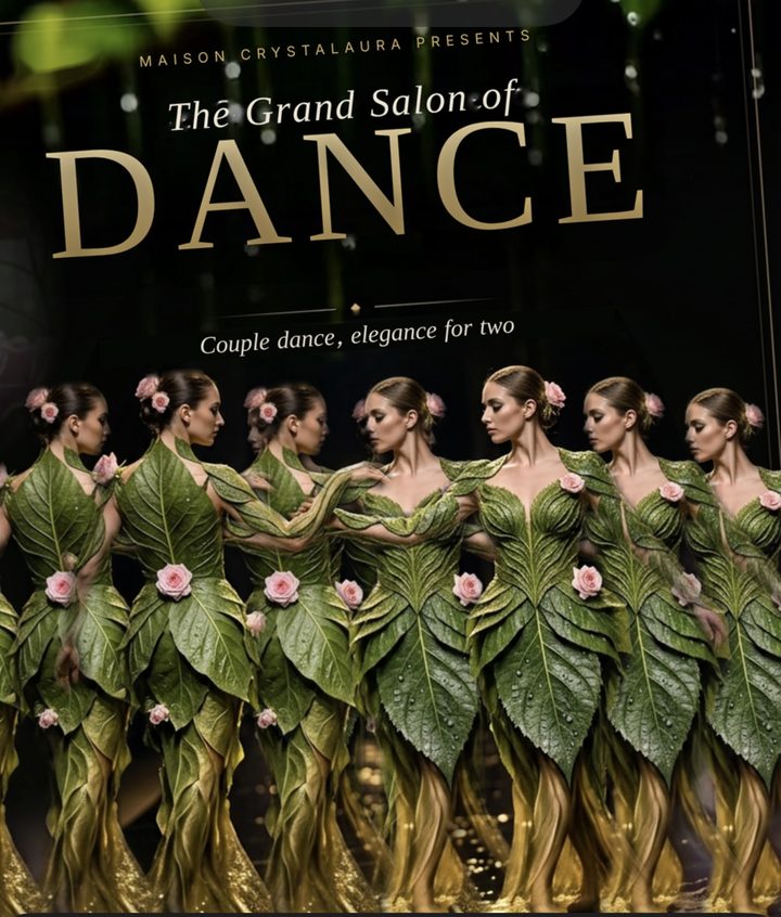 Le couple de danseuses en feuilles répété plusieurs fois en miroir, comme une chorégraphie, sous le titre « DANCE ».